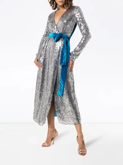 Shop Attico Belted Sequin Velvet Midi Dress In Blue