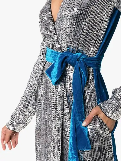 Shop Attico Belted Sequin Velvet Midi Dress In Blue