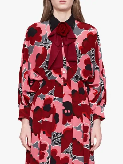 Shop Gucci Poppies Silk Shirt With Bow In Pink