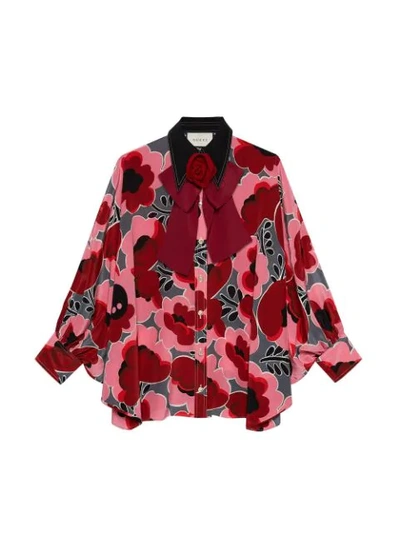 Shop Gucci Poppies Silk Shirt With Bow In Pink