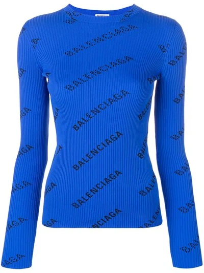 Shop Balenciaga Ribbed Logo Print Sweater In Blue