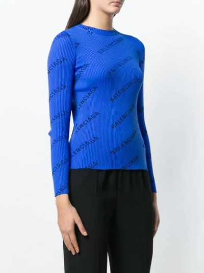 Shop Balenciaga Ribbed Logo Print Sweater In Blue