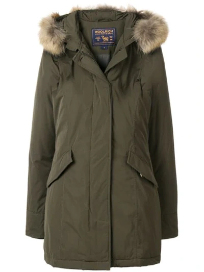 Shop Woolrich Racoon Fur Hooded Jacket - Green