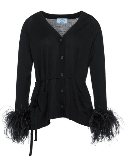 Prada V-neck Feather-embellished Wool Cardigan In Black