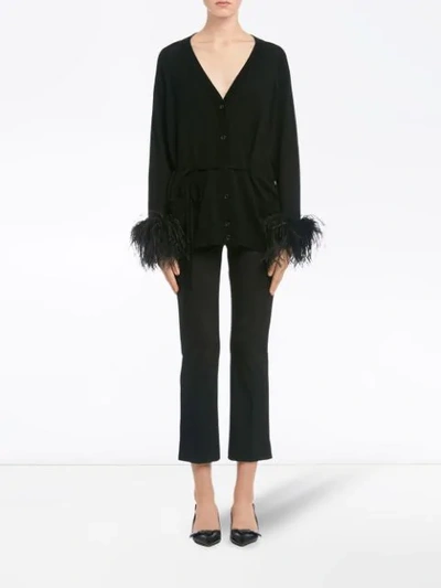 Prada V-neck Feather-embellished Wool Cardigan In Black