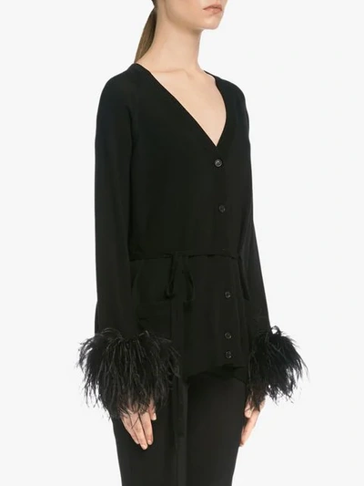 Prada V-neck Feather-embellished Wool Cardigan In Black