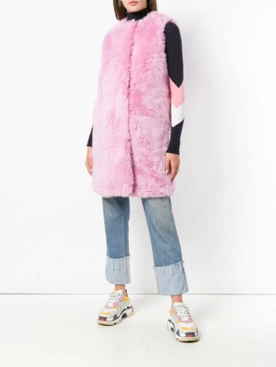 Shop Msgm Faux Fur Long Gilet In Pink