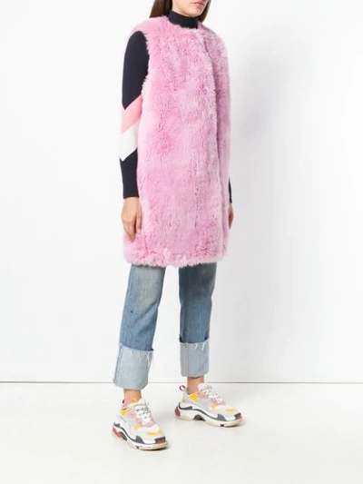 Shop Msgm Faux Fur Long Gilet In Pink