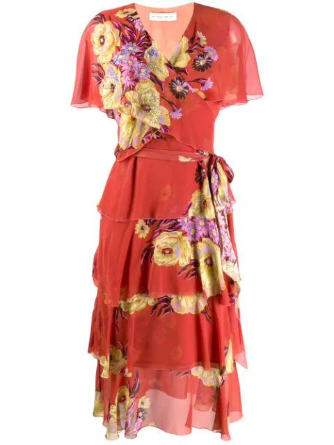 Etro Floral Print Wrap Dress In Orange | ModeSens