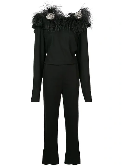 Shop Johanna Ortiz Embellished Feather Shoulder Jumpsuit In Black