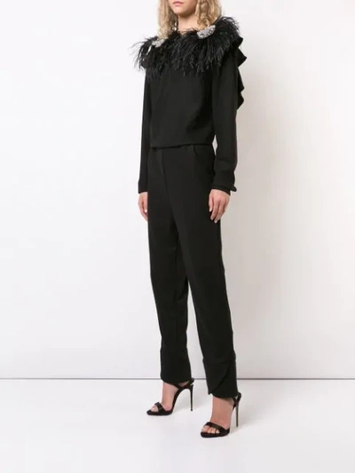 Shop Johanna Ortiz Embellished Feather Shoulder Jumpsuit In Black