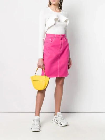 Shop Msgm Contrast Stitch Denim Skirt In Pink