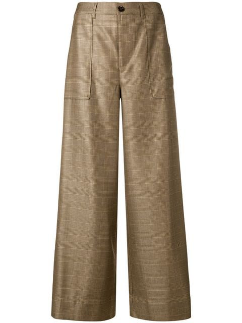 Ganni Plaid Palazzo Trousers In Brown | ModeSens
