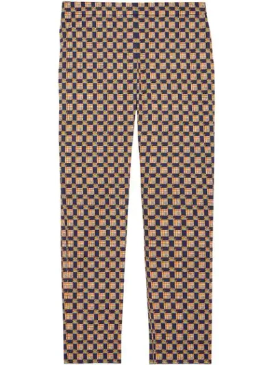 Shop Burberry Tiled Archive Print Stretch Cotton Cigarette Trousers In Blue