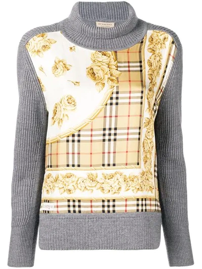 Shop Burberry Archive Scarf Print Panel Wool Turtleneck Sweater In Grey
