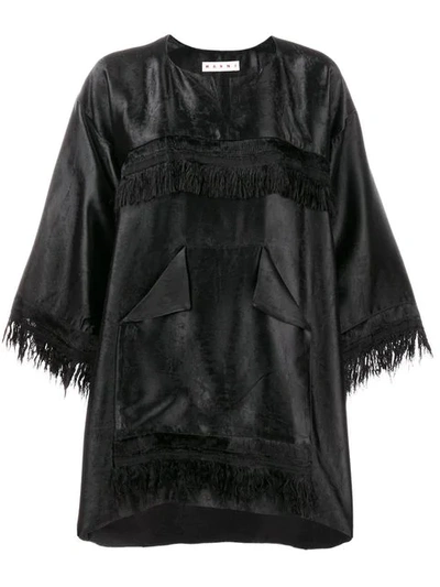 Shop Marni Oversized Fringe Blouse In Black