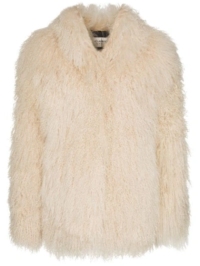 Shop Saint Laurent Collarless Shaggy Fur Jacket - White