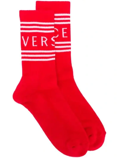 Shop Versace Jacquard Logo Knit Socks In Red