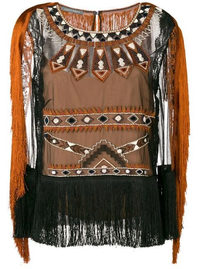 Shop Alberta Ferretti Embroidered Fringe Blouse In Black