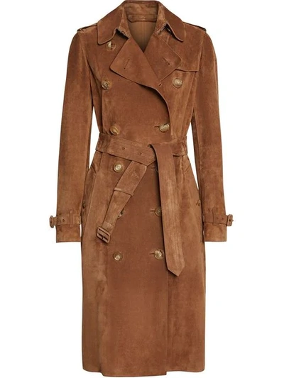 Shop Burberry Suede Trench Coat In Sepia Brown