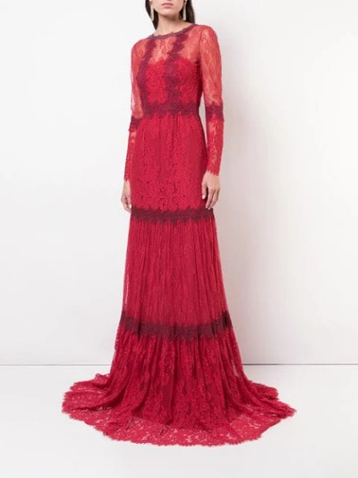 Shop Marchesa Notte Lace Flared Dress In Red