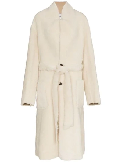 Shop Ambush Single Breasted Belted Shearling Coat - Neutrals