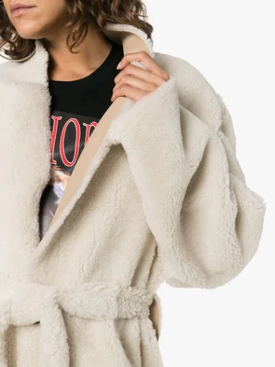 Shop Ambush Single Breasted Belted Shearling Coat - Neutrals