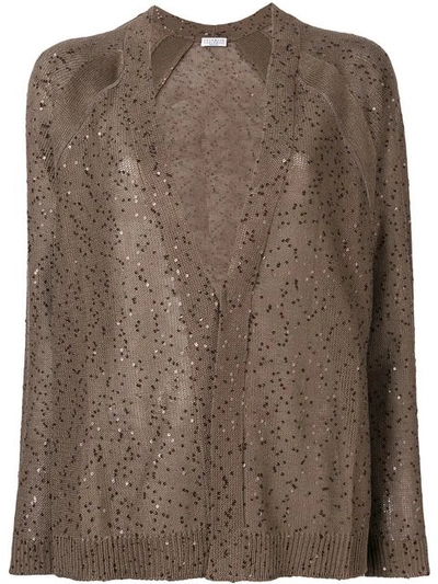 Shop Brunello Cucinelli Sheer Cardigan With Sequins In Brown