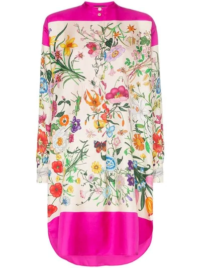 Shop Gucci Multicoloured Floral Print Silk Shirt Dress In Pink