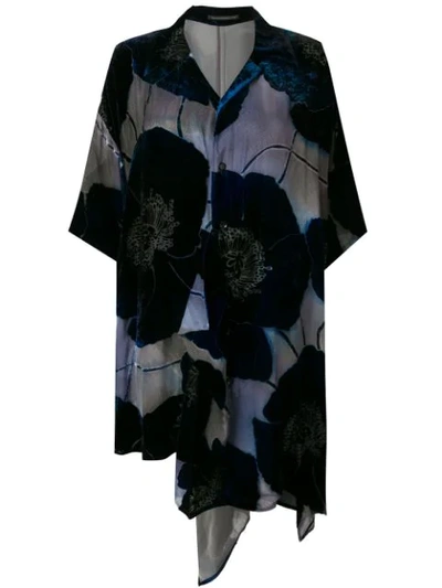 Shop Yohji Yamamoto Floral Appliqués Asymmetric Shirt Dress In Blue