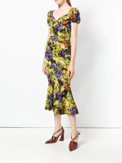 grape-print fluted midi dress