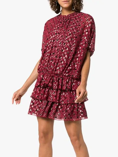 Saint Laurent Multi-dot Tiered Short-sleeve Metallic Silk Mini Dress In Red