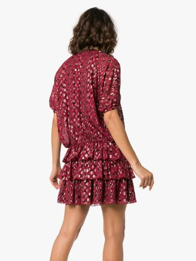 Saint Laurent Multi-dot Tiered Short-sleeve Metallic Silk Mini Dress In Red