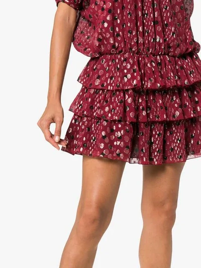 Saint Laurent Multi-dot Tiered Short-sleeve Metallic Silk Mini Dress In Red