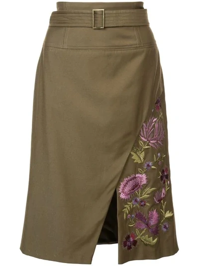 Shop Josie Natori Embroidered Twill Slit Skirt In Green
