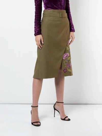 Shop Josie Natori Embroidered Twill Slit Skirt In Green