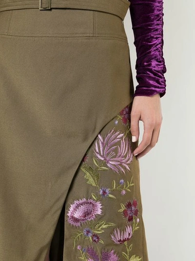Shop Josie Natori Embroidered Twill Slit Skirt In Green