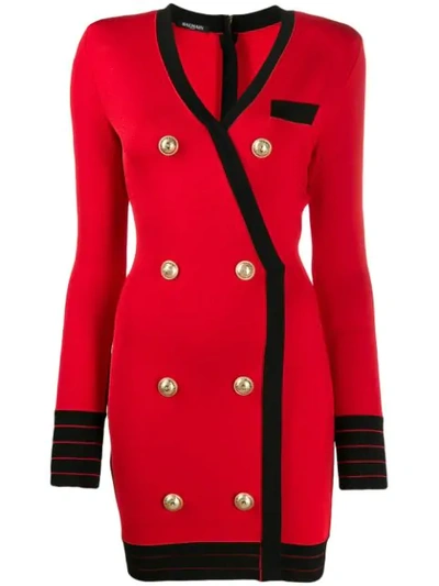 Shop Balmain Double-breasted Wrap Dress In Red