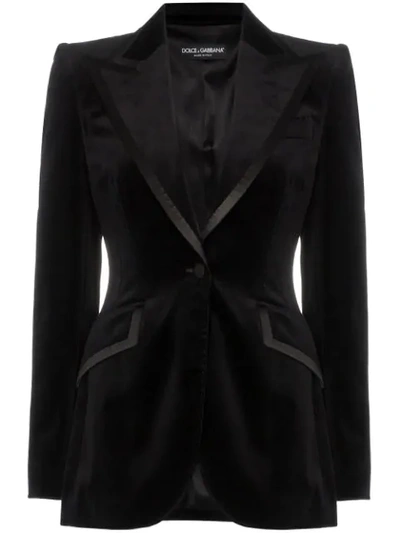 Shop Dolce & Gabbana Satin Trim Fitted Velvet Blazer Jacket In Black
