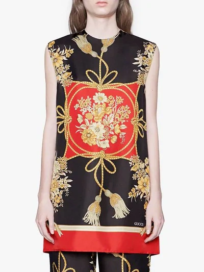 Shop Gucci Tunic Top With Flowers And Tassels In Black