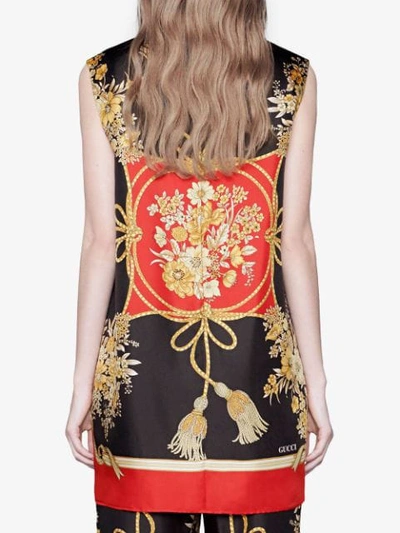 Shop Gucci Tunic Top With Flowers And Tassels In Black