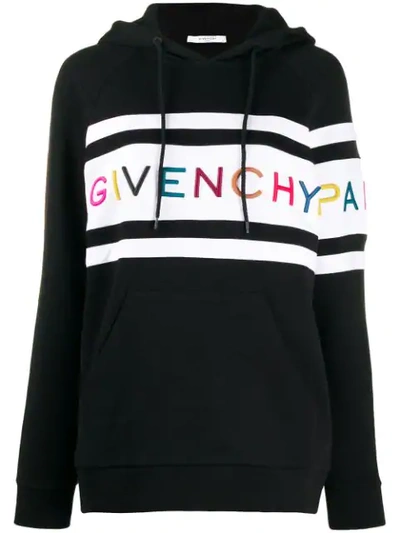 Shop Givenchy Embroidered Logo Hoodie In Black