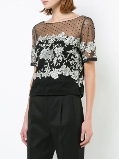 Shop Marchesa Notte Embroidered Tulle Blouse In Black White