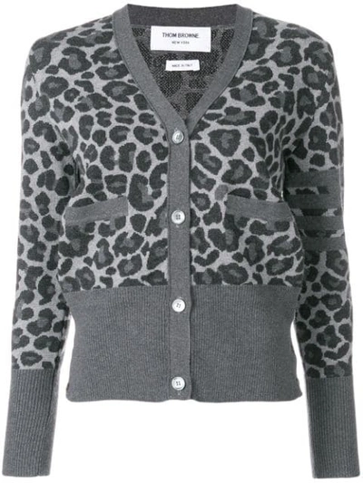 Shop Thom Browne Leopard Wool Jacquard V-neck Cardigan - Grey