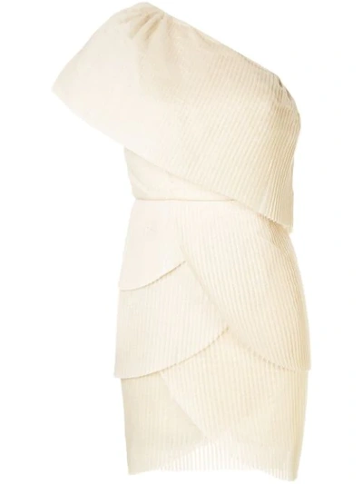 Shop Aje Pleated Layered One Shoulder Dress In Neutrals