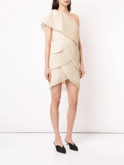 Shop Aje Pleated Layered One Shoulder Dress In Neutrals