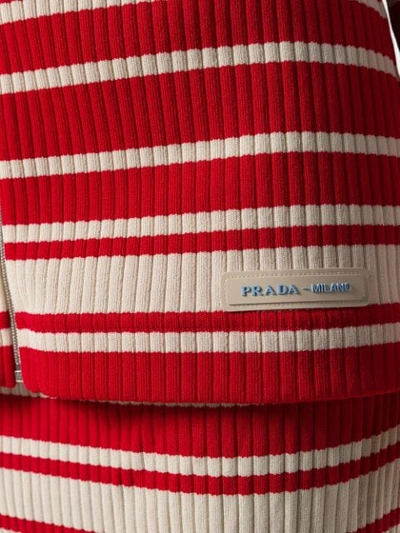 Shop Prada Striped Rib Knit Turtleneck Cardigan In Red