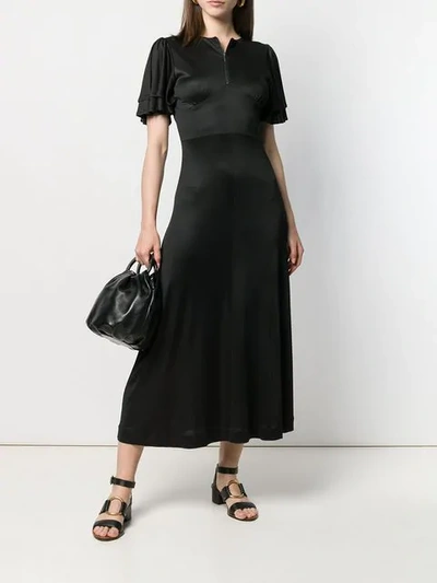 Shop Alexa Chung Satin Midi Dress With Pleated Sleeves In Black