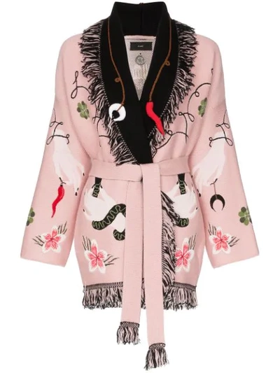 Shop Alanui Fringed Embroidered Cardigan In Pink