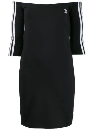 Adidas Originals Striped Off-the-shoulder Cotton-jersey Mini Dress In Black  | ModeSens